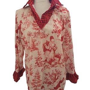 Cherry Betty Red and Cream Santa Christmas Holidays Blouse Shirt Large